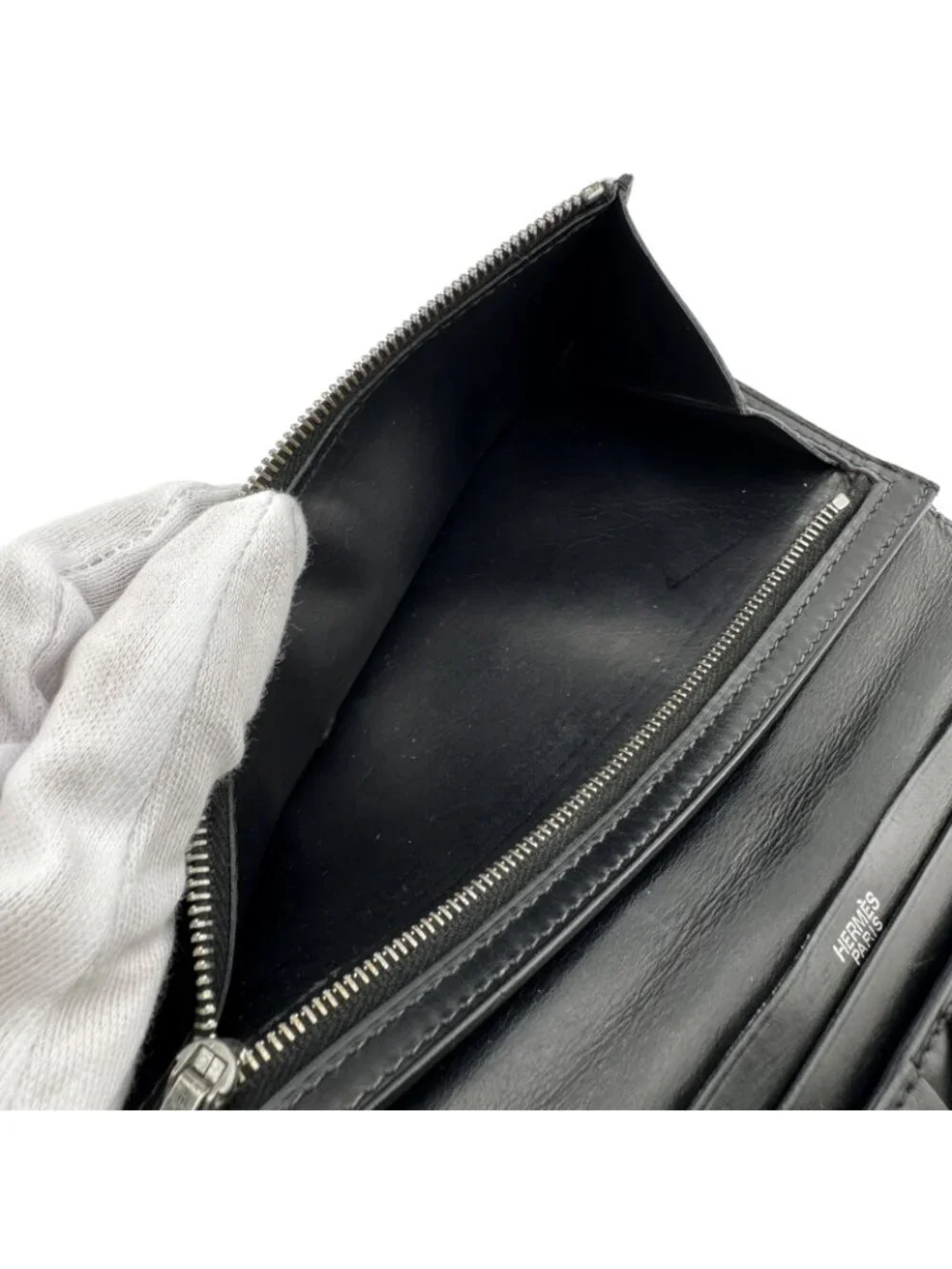 Hermes Bearn Soufflet I Leather Bifold Wallet Black Silver